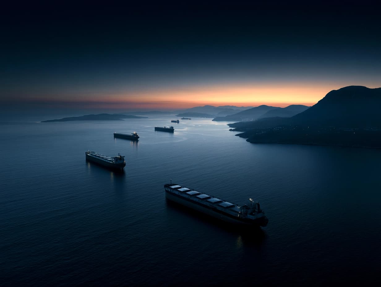 Elevated oblique view of a maritime shipping strait at pre-dawn — Golden Falcon International Global Trade